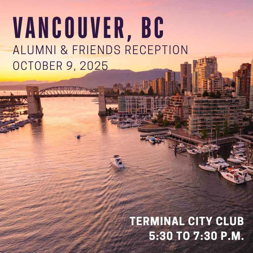 Landscape shot of Vancouver with date, time, and location of the reception