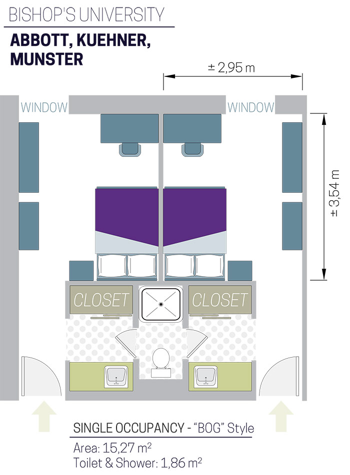 Floor plan for single occupancy showing bed, door, closet, and window, with shared toilet and shower.