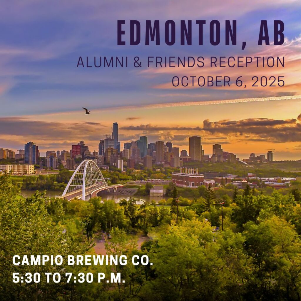 Landscape shot of Edmonton with date, time, and location of the reception