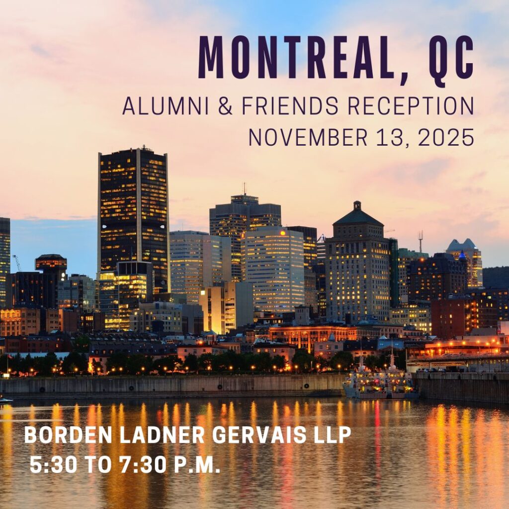 Landscape shot of Montreal with date, time, and location of the reception