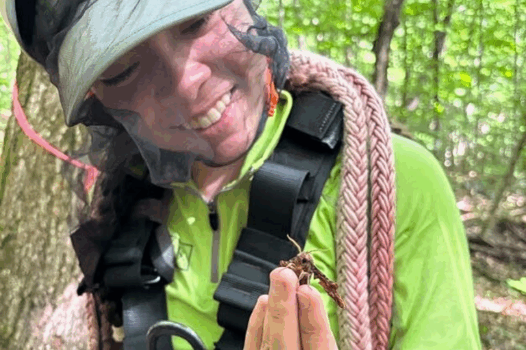 Anna Minaki in a mosquito net hat and high-vis shirt smiles at a moth that's on her fingers.