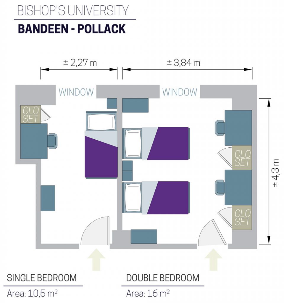 Floor plan of two room sizes; a single bedroom (10.5 m²) and a double bedroom (16 m²), showing beds, doors, closets, and windows.