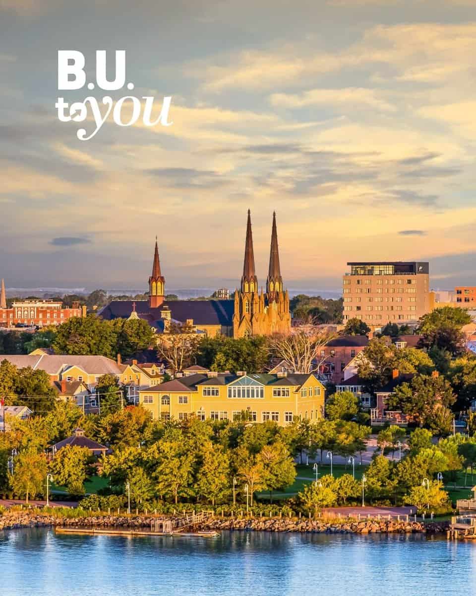 Landscape shot of Charlottetown with B.U. to You logo