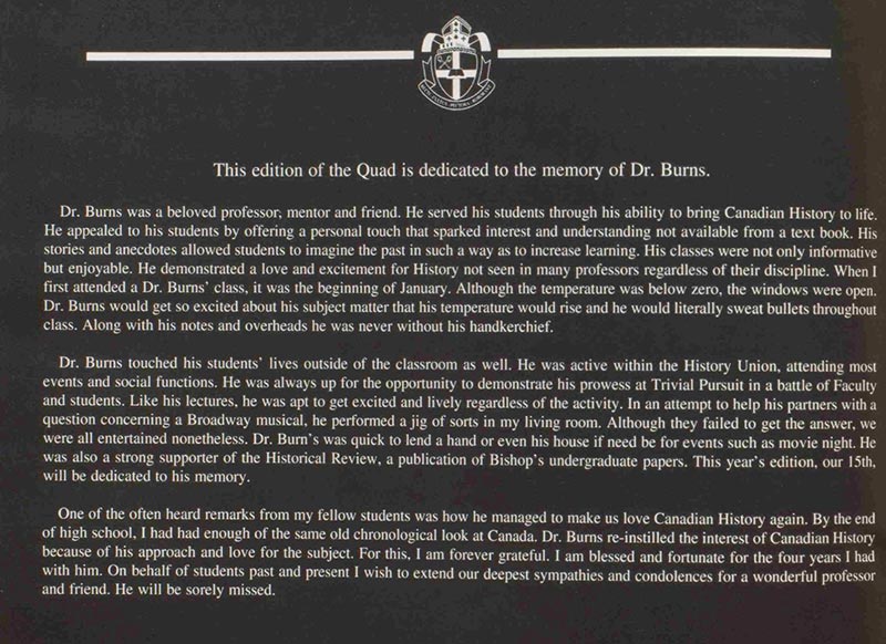 Robin Burns dedication from the Quad magazine