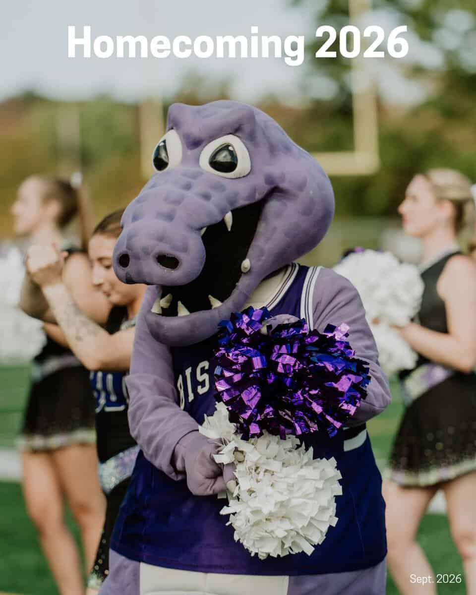 Gaiter Mascot with pom poms and words "Homecoming 2026"
