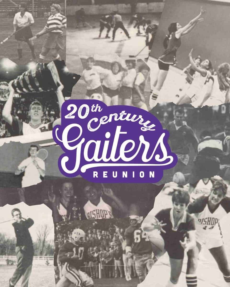 Collage of black and white sports yearbook photos with the Gaiters of the 20th Century Reunion logo
