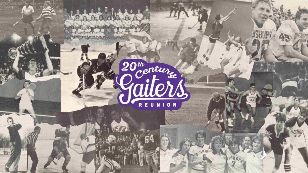 Collage of athletics yearbook photos with logo for Gaiters of the 20th century reunion