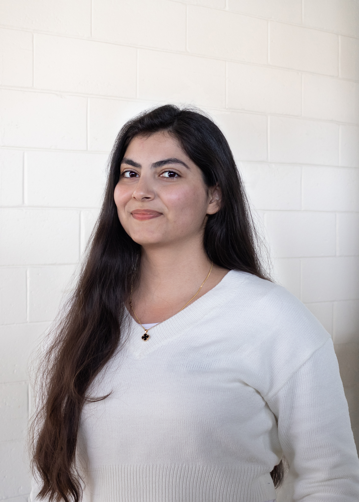A photo of a young woman with long brown hair smiling at the camera in front of a white wall. She is Gazaleh Hamzeh.