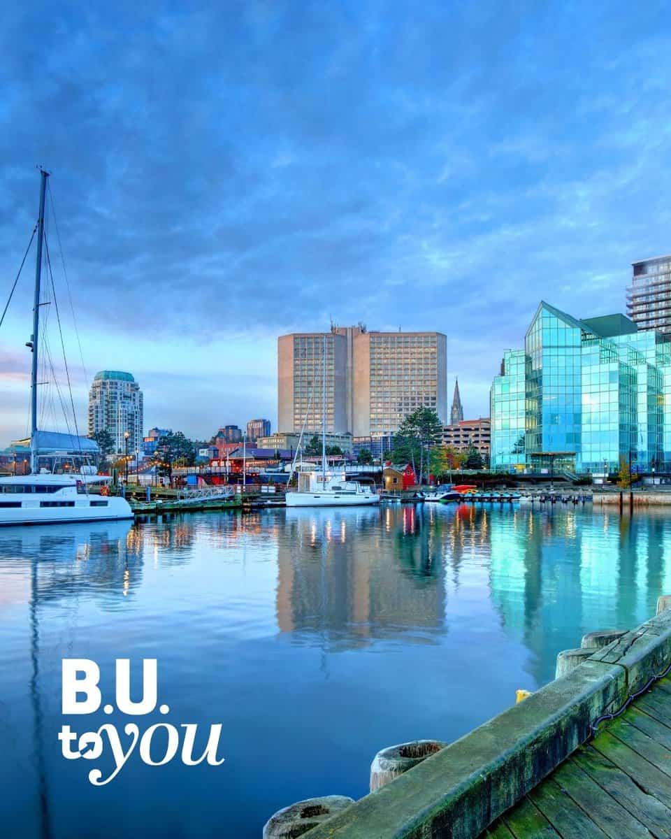 Landscape shot of Halifax with B.U. to You logo