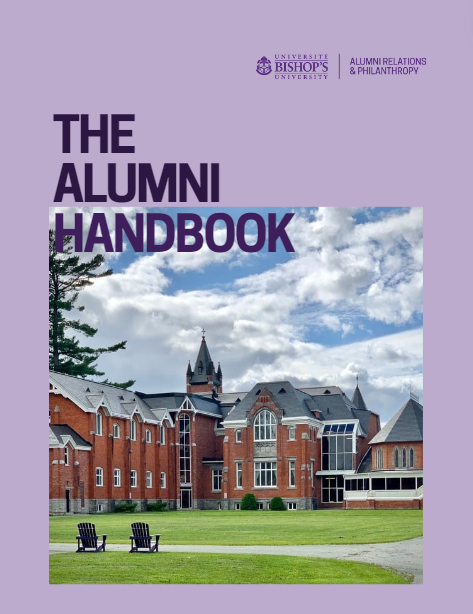Cover of the Alumni Handbook with a purple background and photo of the Bishop's Quad