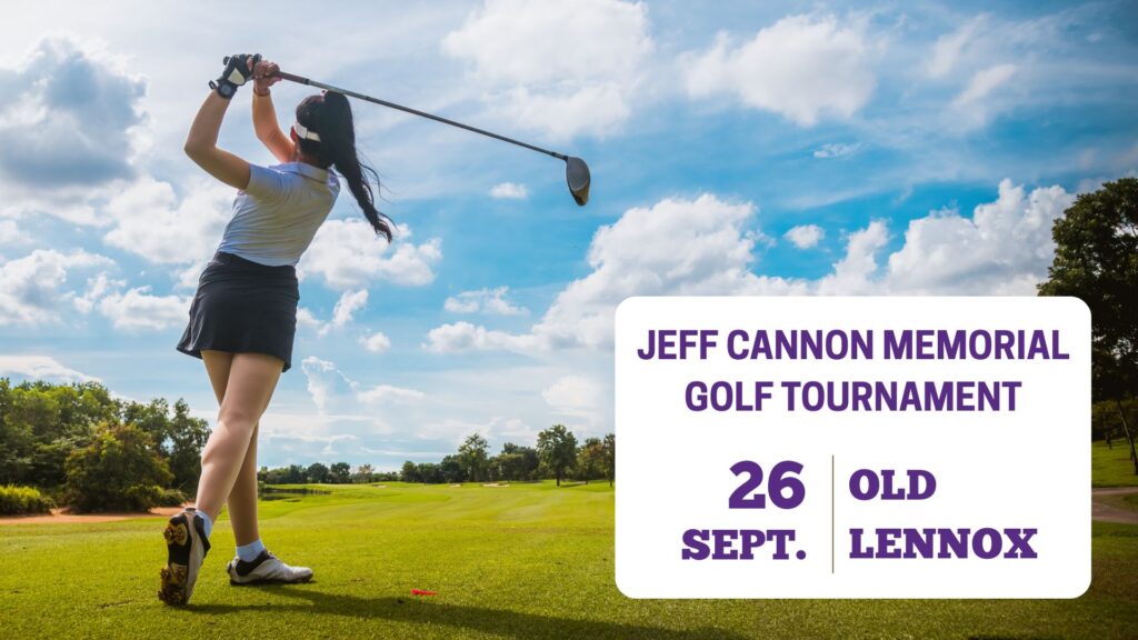 Woman in mid golf swing with the date and location of the golf tournament