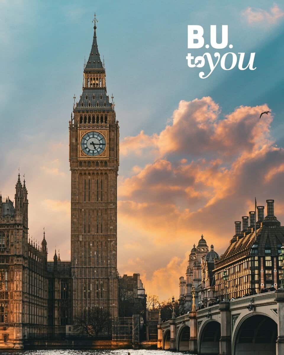 Landscape image of London with the B.U. to You Logo