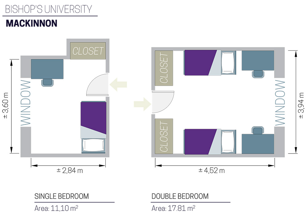 Floor plan of two room sizes; a single bedroom (11.10 m²) and a double bedroom (17.81 m²), showing beds, doors, closets, and windows.