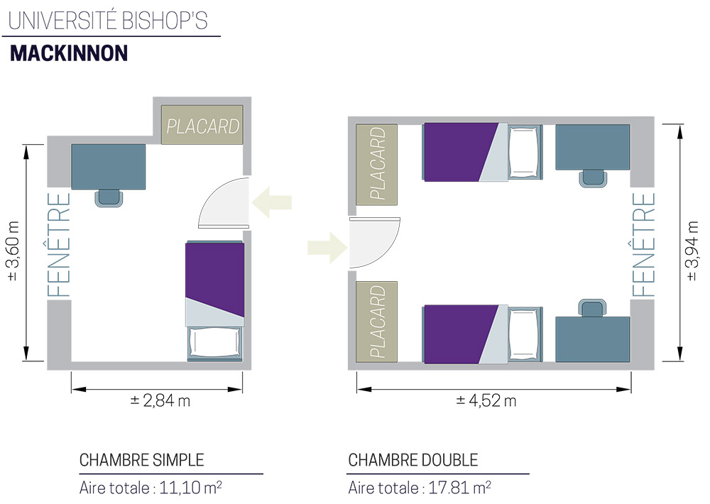 Plan de chambre; une chambre simple (11,10 m²) et une chambre double (17.81 m²), montrant les lits, les portes, les placards et les fenêtres.