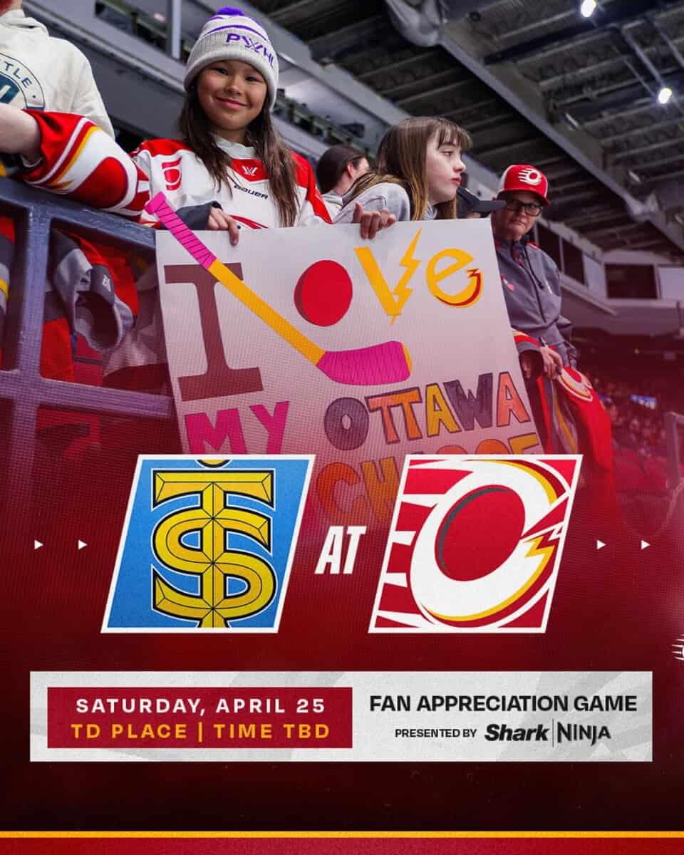 Young fan holding a sign at an Ottawa Charge game. Both logos are overlayed with the date of the game.
