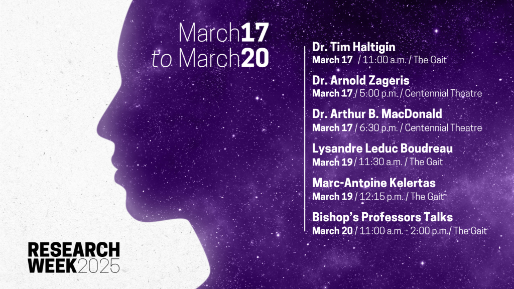 A schedule of research Week, 2025. This graphic has a purple starry background with one side ending in a human silhouette, with the schedule written in white against it.