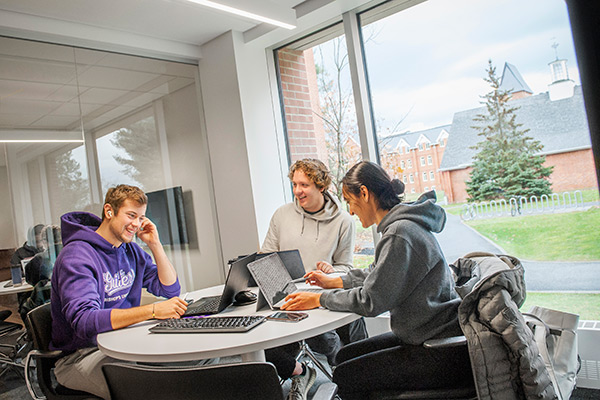 Students studying together in one of the Library fish bowl.