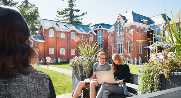 Students studying on a bench in the quad during the summer