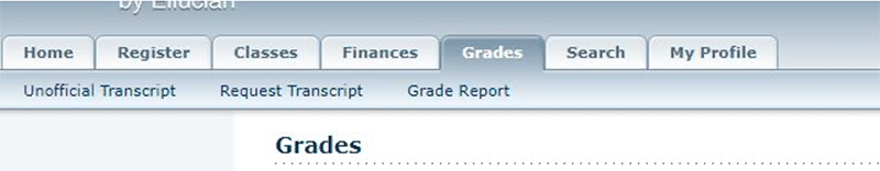 Screenshot explaining where to find the unofficial transcript in myBU: click on Grades, then on Unofficial Transcript