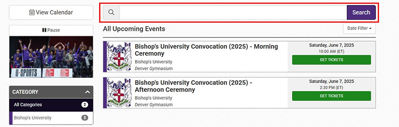 Screenshot showing the position of the search bar above the ticket selection.