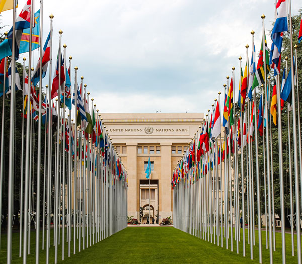 United Nations building and flags