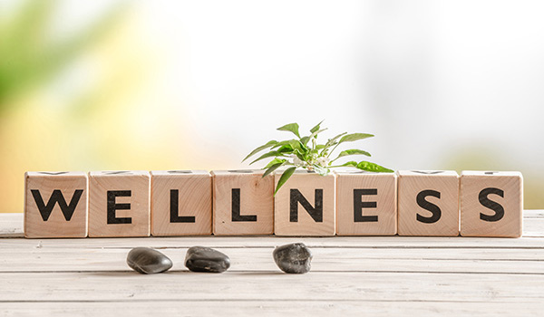 The word wellness spelled with scrabble tiles to represent our wellness afternoon